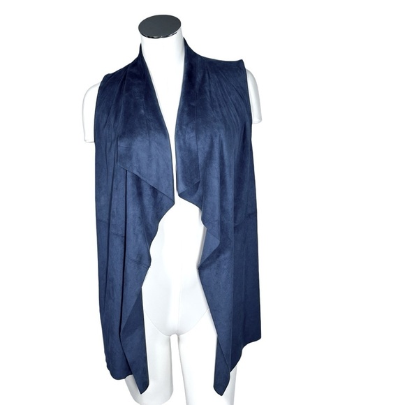 JOAN VASS Faux Leather Draped Open Front Blue Grey Vest Size S - Picture 1 of 11